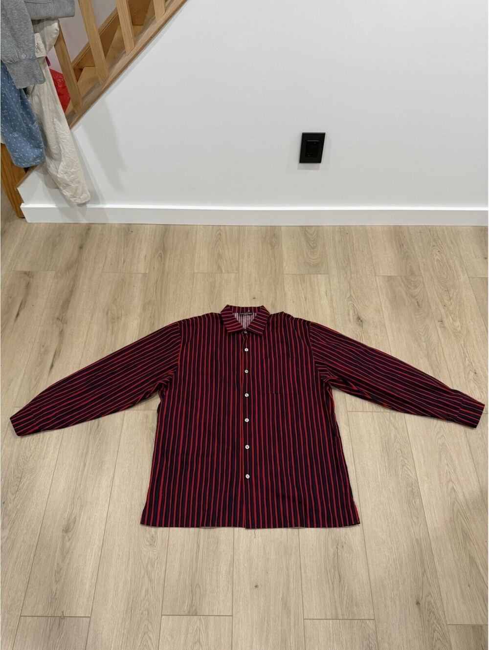 Marimekko Jokapoika Black Red Blue Striped Cotton Button Down Shirt Size 45